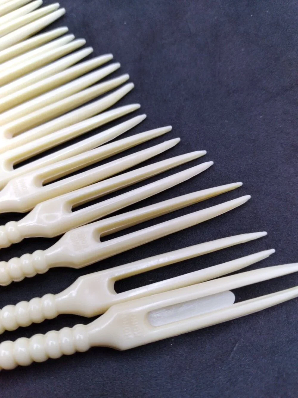 hors d'oeuvre fork tooth picks ivory tone and multicolored plastic vintage